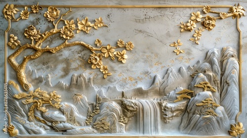 Volumetric stucco molding on a concrete wall with golden elements, a Japanese landscape,