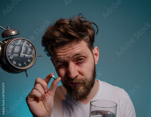 Fotografi Man takes sleeping pill, holding pill next to alarm clock
