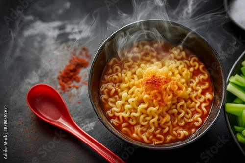 Molten red plastic spoon rests beside a steaming bowl of fiery Korean Buldak Ramen noodles, promising a spicy and delicious adventure photo