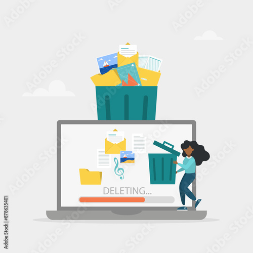 Delete concept. The character deletes data on the laptop and moves unnecessary files to the trash. Cleaning digital memory. Vector illustration.
