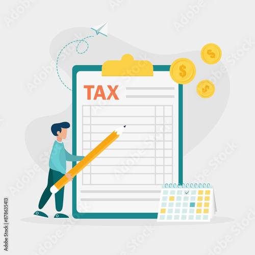 Man fills out financial document form on clipboard and payment date. Tax form, income tax return, company tax payment concept. Vector illustration. 