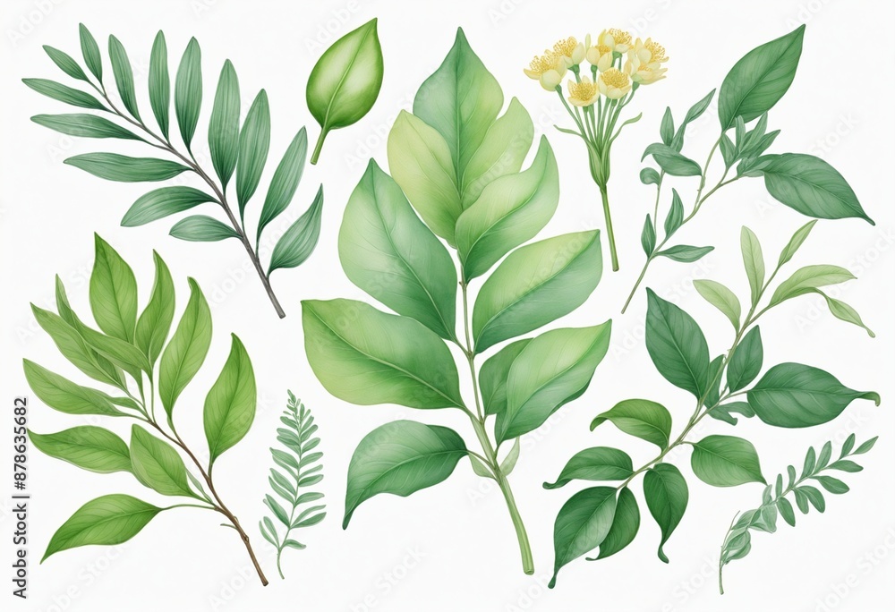 Fototapeta premium Hand-drawn watercolor leaf composition with summer flora elements