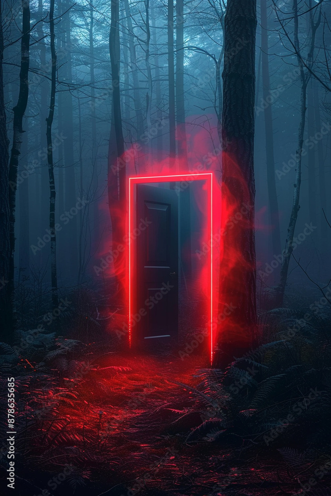 custom made wallpaper toronto digitala red neon door in the deep, misty, mysterious night forest