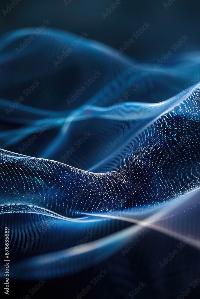 © syhin_stas - Modern shiny blue black moving neon lines on dark background. Glowing wave on a dark background. Neon wave. Futuristic background. Texture of silk fabric in the form of a wave. Copy space.