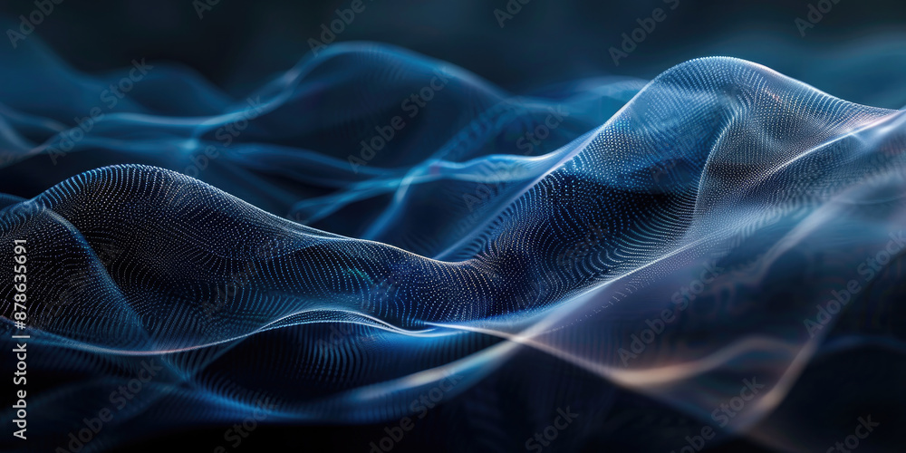 Obraz premium Modern shiny blue black moving neon lines on dark background. Glowing wave on a dark background. Neon wave. Futuristic background. Texture of silk fabric in the form of a wave. Copy space. Banner