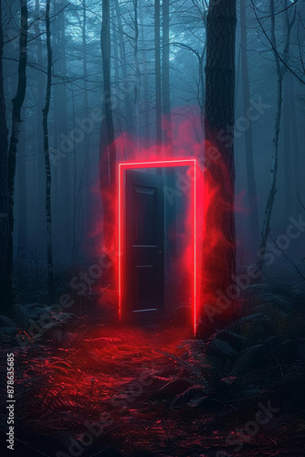 Wallpaper Mural a red neon door in the deep, misty, mysterious night forest Torontodigital.ca