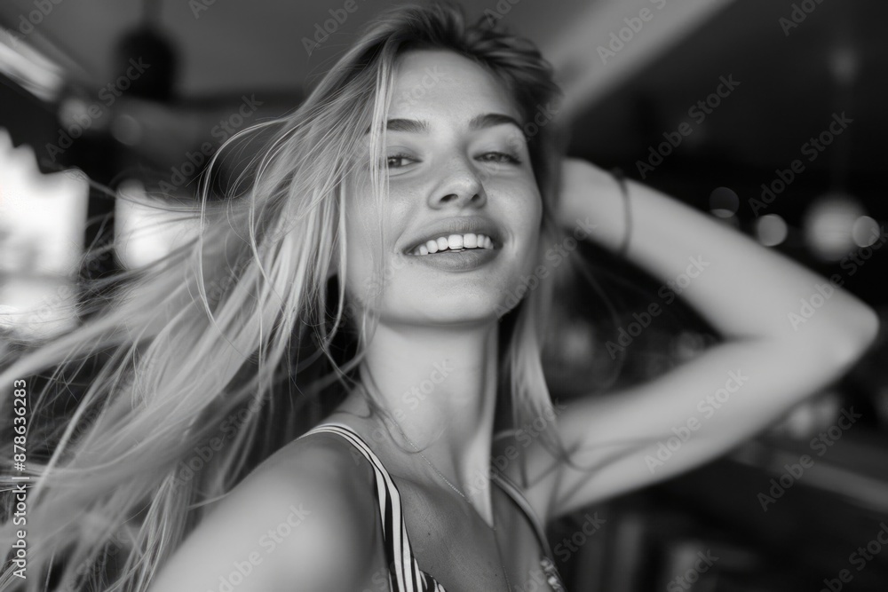 A black and white portrait of a woman with long hair, suitable for use in editorial or commercial contexts A black and white portrait of a woman with long hair, suitable for use in editorial or commercial contexts