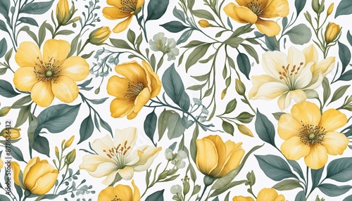 Beautiful rose and blue floral pattern with seamless design in watercolor on a yellow background