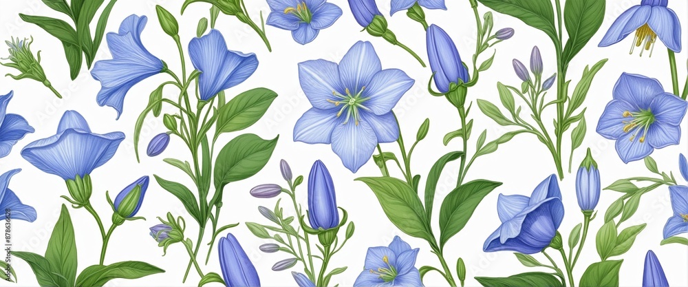 Fototapeta premium A collection of hand-drawn wild herb illustrations featuring vibrant purple harebell flowers in a glass vase