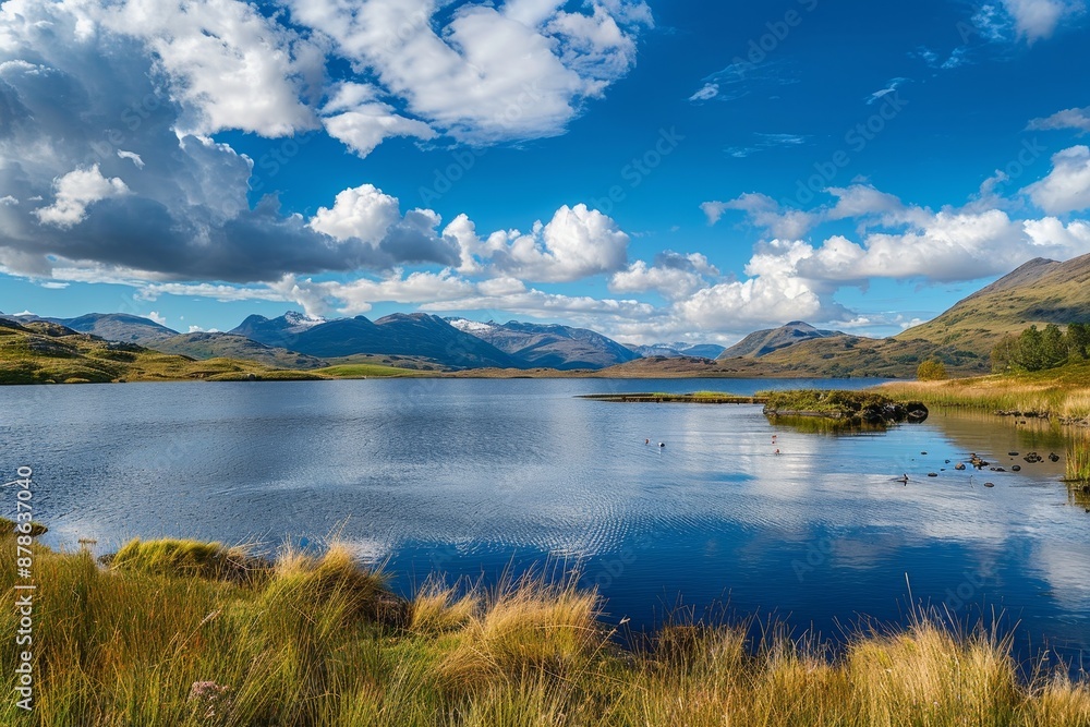 A large body of water surrounded by towering mountains under a clear blue sky with fluffy white clouds, Blue skies dotted with fluffy white clouds A large body of water surrounded by towering mountains under a clear blue sky with fluffy white clouds, Blue skies dotted with fluffy white clouds