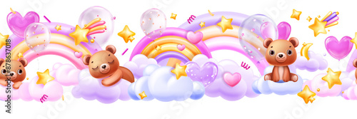 3D clouds rainbow seamless border, magic kids pink background, vector cute cartoon bear, stars. Fairy tale sky horizontal wallpaper, baby toy bedroom banner. Sweet fantasy 3D clouds pastel frame