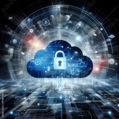 abstract, digital artwork conceptualizing cloud computing security, ideal as tech background
