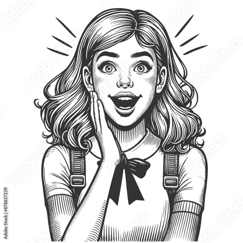  surprised girl with backpack, wide smile, astonished expression sketch engraving generative ai fictional character vector illustration. Scratch board imitation. Black and white image.