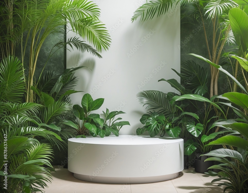 Three-dimensional fashion presentation on a tropical stone pedestal in a lush jungle setting Three-dimensional fashion presentation on a tropical stone pedestal in a lush jungle setting