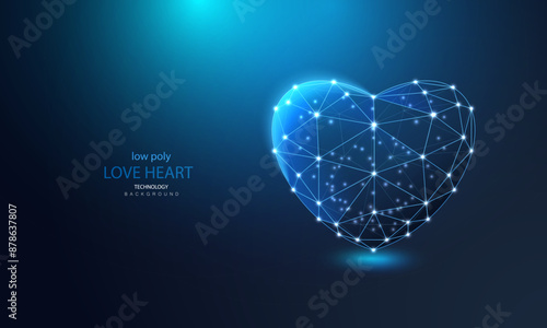 Vector happy valentine's day banner. Wireframe heart in low poly style. Ai futuristic love technology background.