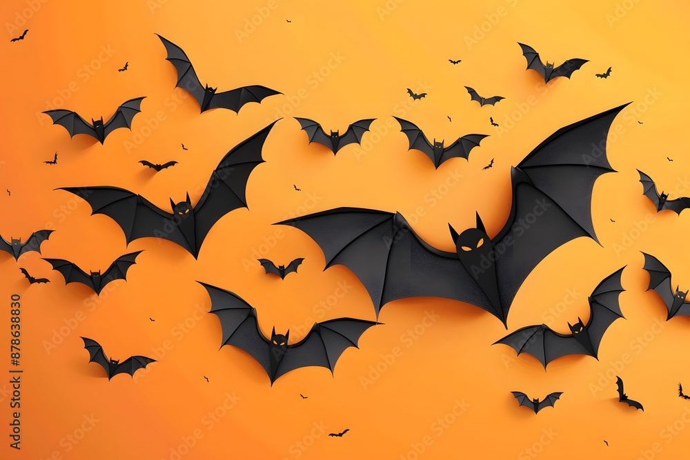 Fototapeta premium Decorative black bats flying on a vibrant orange background, perfect for Halloween themes.