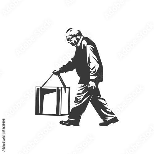 minimalist logo or symbol elderly man carry goods black color only