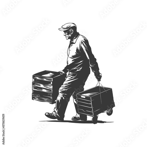 minimalist logo or symbol elderly man carry goods black color only