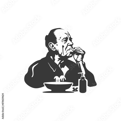 minimalist logo or symbol elderly man brushing his teeth black color only