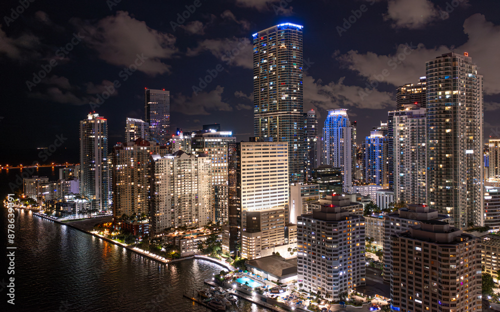 Miami, Florida skyline aerial view nighttime cityscape. Miami, Florida skyline aerial view nighttime cityscape.