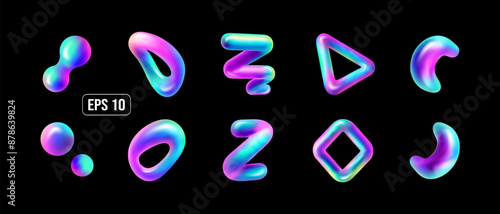 Set of 3D holographic fluid shapes. Isolated vector illustrations.