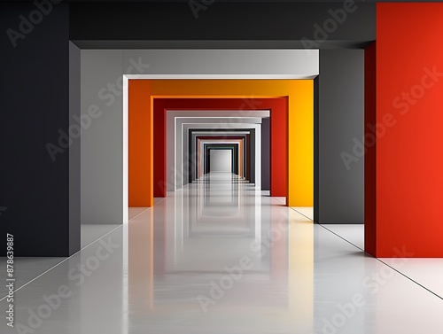 Generate an image of a modern, abstract interior space with vibrant hues and sleek lines, similar to the example image. Ensure the design is sharp and professional, with plenty of room for text. copy © naphat