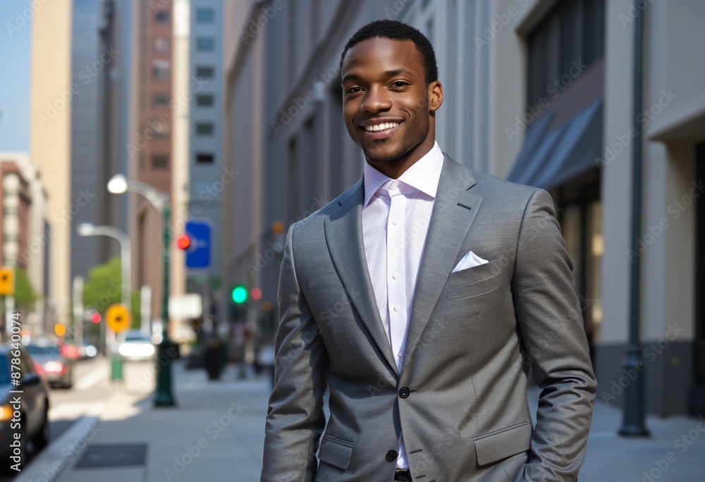 Healthy and successful young businessman walking confidently in the city in an elegant suit with a cool and fashionable Afro hairstyle, portraying a modern and professional image Healthy and successful young businessman walking confidently in the city in an elegant suit with a cool and fashionable Afro hairstyle, portraying a modern and professional image
