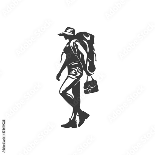 minimalist logo or symbol backpacker woman black color only