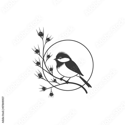 minimalist logo or symbol bird on tree branches black color only