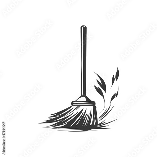 Vintage Broom Illustration: Rustic Cleaning Tool with Wheat Detail