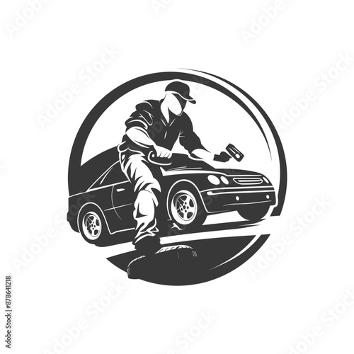 Monochrome Mechanic with Car: Vintage Auto Repair Logo Design