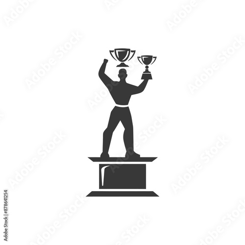 Champion's Podium: Muscular Figure Triumphantly Holding Two Trophies