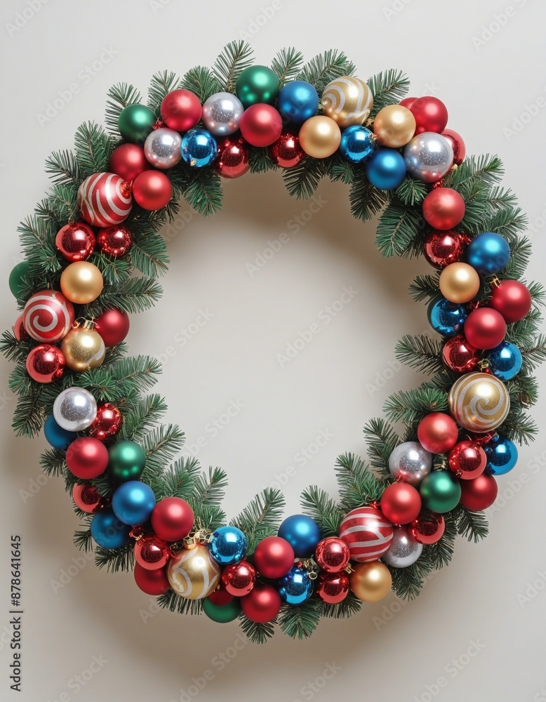 Festive December decoration with a merry red bow, real winter background, and colorful ornament balls Festive December decoration with a merry red bow, real winter background, and colorful ornament balls