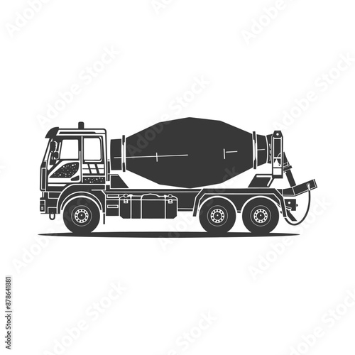 Monochrome Cement Mixer Truck Illustration: Side Profile, Industrial Design