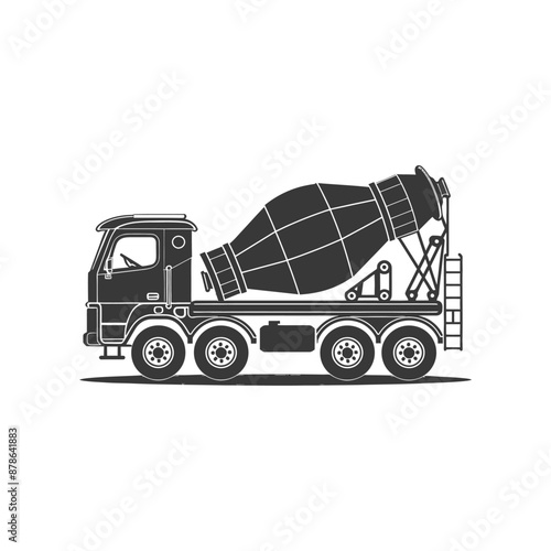 Monochrome Illustration: Classic Cement Mixer Truck Side Profile