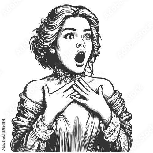 surprised woman in an elegant dress with an astonished expression sketch engraving generative ai fictional character vector illustration. Scratch board imitation. Black and white image.