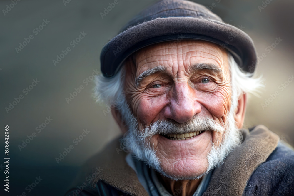 An old man with a hat and beard smiles looking at the camera. The image has a calm and peaceful mood An old man with a hat and beard smiles looking at the camera. The image has a calm and peaceful mood