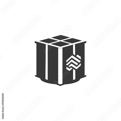 Secure Cargo Crate Icon: Monochrome Cubical Shipping Container with Abstract Security Seal