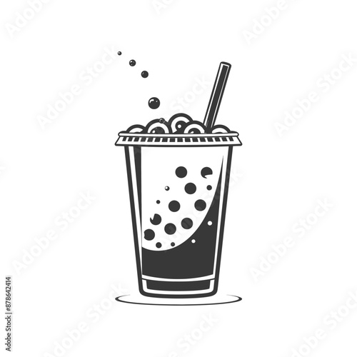 Monochrome Bubble Tea Illustration: Retro Style Plastic Cup with Straw