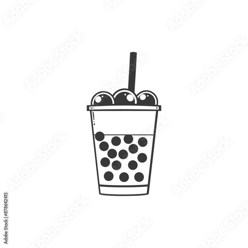 Monochromatic Line Art Illustration of Boba Tea in Disposable Cup