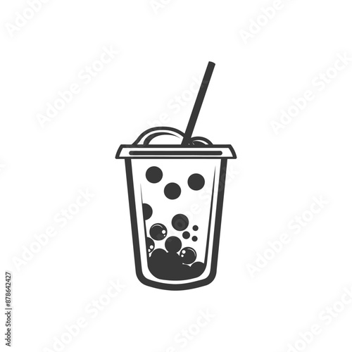 Monochromatic Illustration: Boba Tea in Disposable Cup with Straw