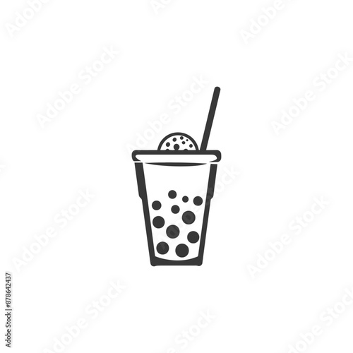 Monochromatic Boba Tea Cup Icon: Cookie Topping & Straw