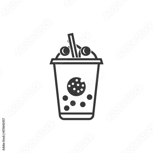 Monochromatic Boba Tea Cup Icon: Cookie Crumble & Pearl Detail