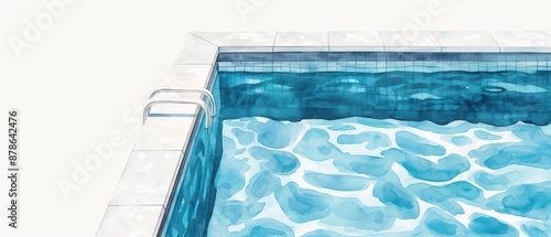 The refreshing allure of a swimming pool portrayed through a bright and inviting watercolor illustration, isolate on white background with copy space