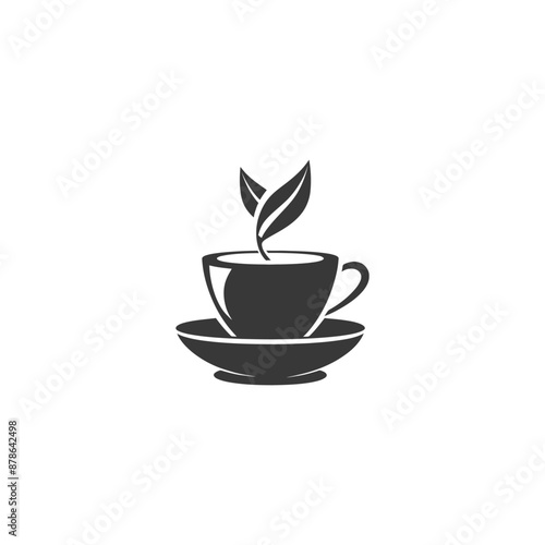 Elegant Teacup Icon: Minimalist Grey Silhouette with Emerging Leaves
