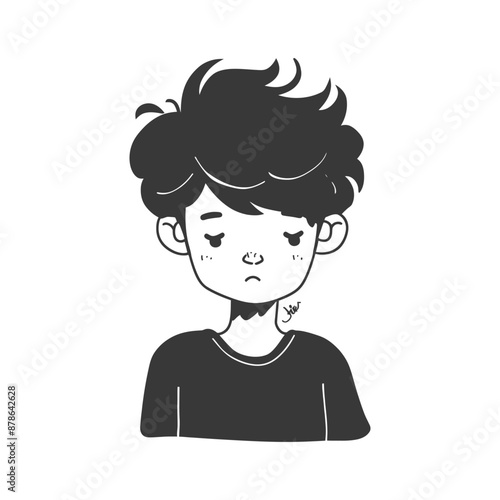 Monochromatic Illustration of a Pensive Boy with Tousled Hair