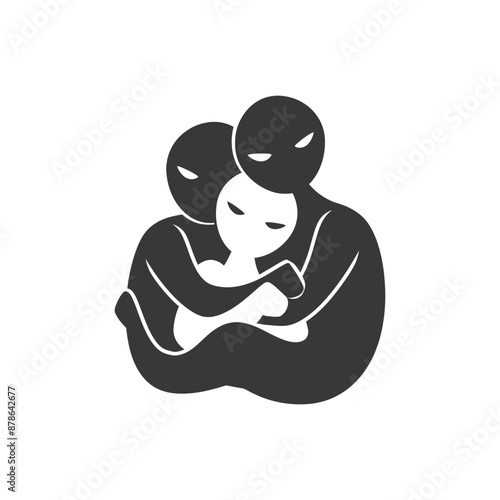 Ominous Embrace: Stylized Illustration of Dark Figures Enveloping a Smaller Figure