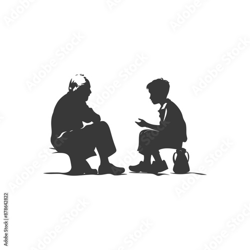 Silhouette of Elderly Man and Boy in Deep Conversation