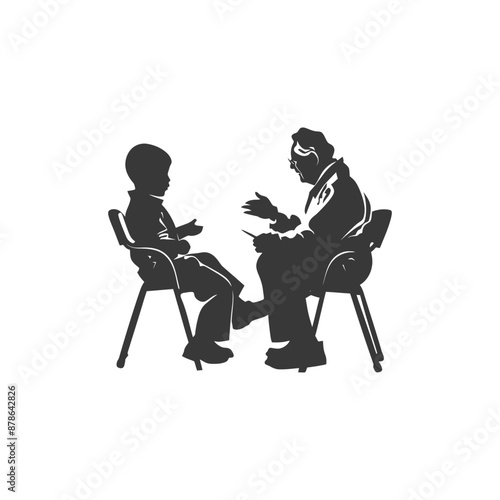 Silhouette of Child and Elderly Person in Conversation, Counseling Session Illustration