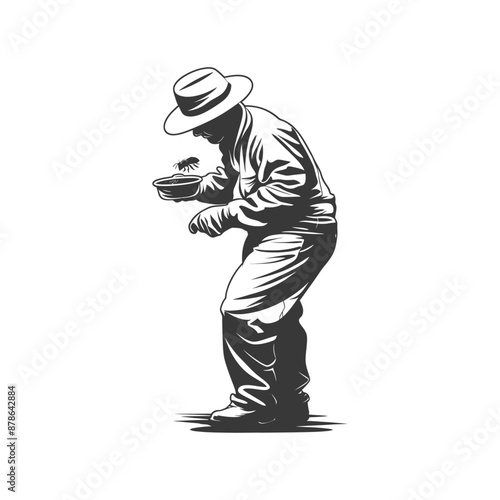 Vintage Illustration:  Prospector Panning for Gold, Monochrome